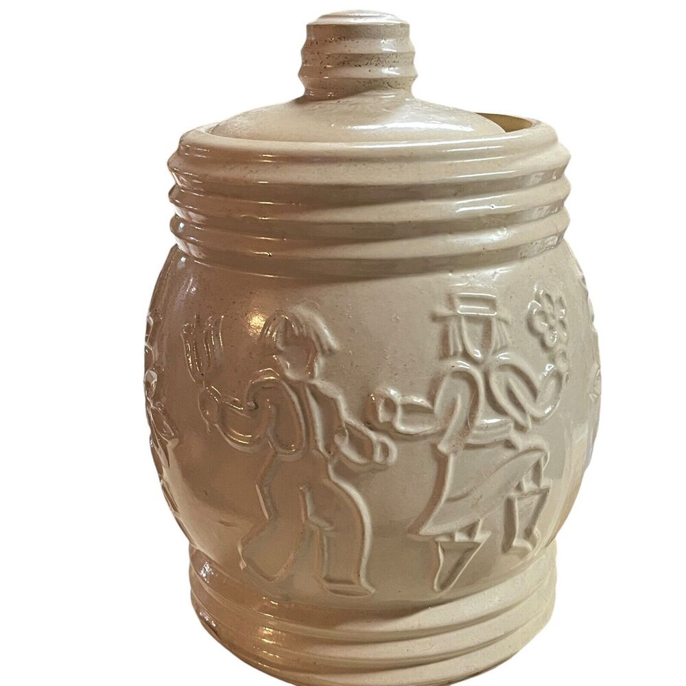Red Wing Crock Cookie Jar Dancing Peasants Cream Natural Stoneware Vintage 1940s